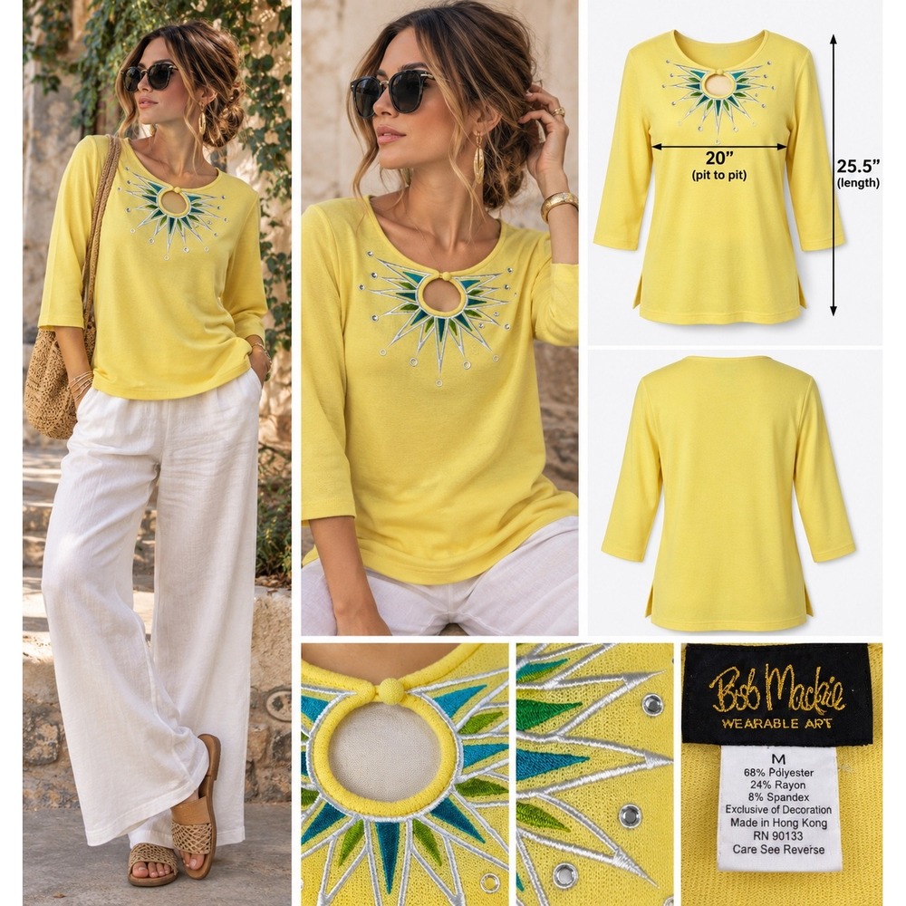 Bob Mackie Wearable Art Yellow Embroidered Rhinestone Keyhole Top M Y2K Boho